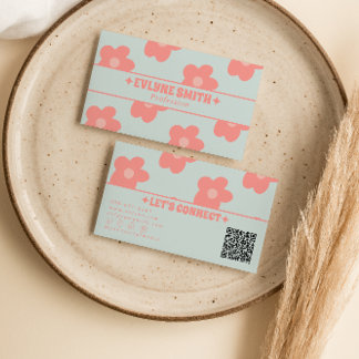 Carte De Visite Code QR Rose Rétro Pastel Groovy Floral Boho Fémin