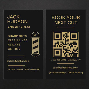 Carte De Visite Code QR Salon de Coiffure Noir Or Coiffure Barbier