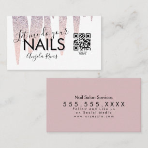 Carte De Visite CODE QR Salon d'ongles  Paillettes Rose Fard