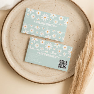 Carte De Visite Code QR sarcelle rétro floral bohème unique des an