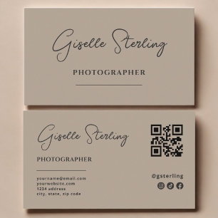 Carte De Visite Code QR Script Taupe Neutre Photographe