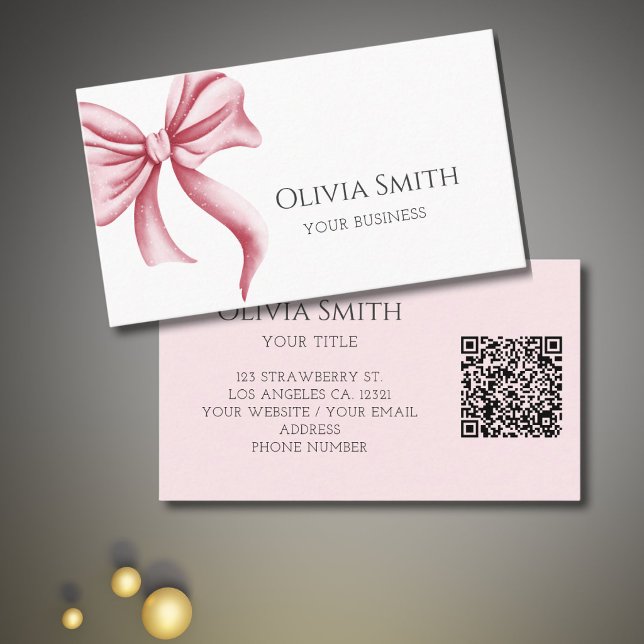 Carte De Visite Code QR Simple Élégant Ruban Rose (Créateur téléchargé)