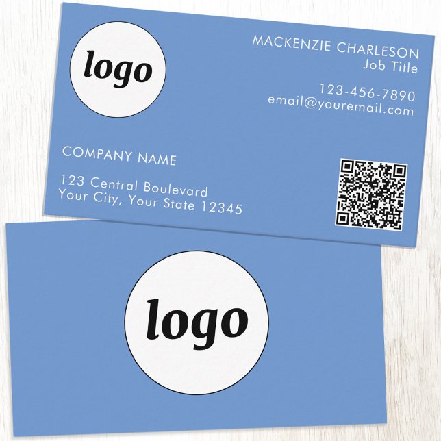 Carte De Visite Code QR simple logo et texte bleu (Simple logo with QR code custom text professional branding sky blue business card)