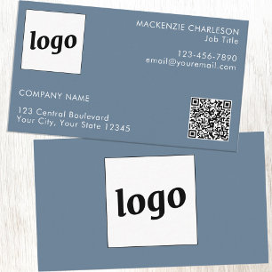 Carte De Visite Code QR simple logo et texte Bleu gris poussiéreux