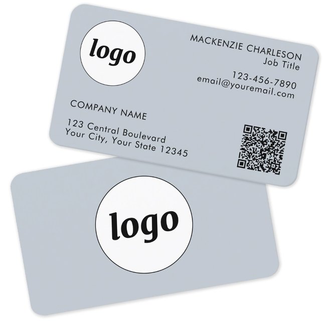 Carte De Visite Code QR simple logo et texte bleu poudre (Logo and QR code custom text professional business card)