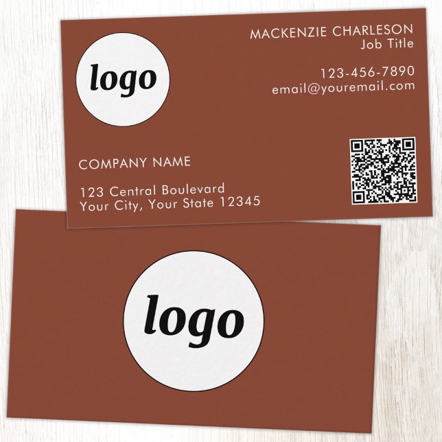 Carte De Visite Code QR simple logo et texte Terracotta (Simple logo with custom text business branding promotional QR code terracotta business card)