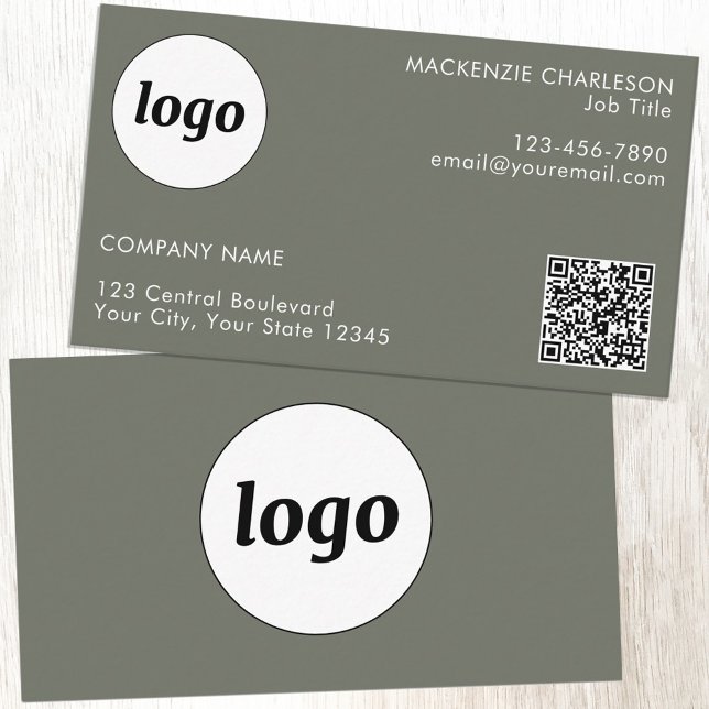 Carte De Visite Code QR simple logo et texte Vert sauge (Logo QR code with custom text sage green minimalist modern business card)