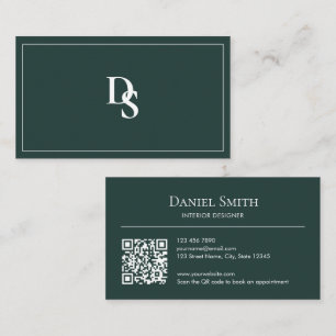 Carte De Visite Code QR simple professionnel vert foncé avec initi