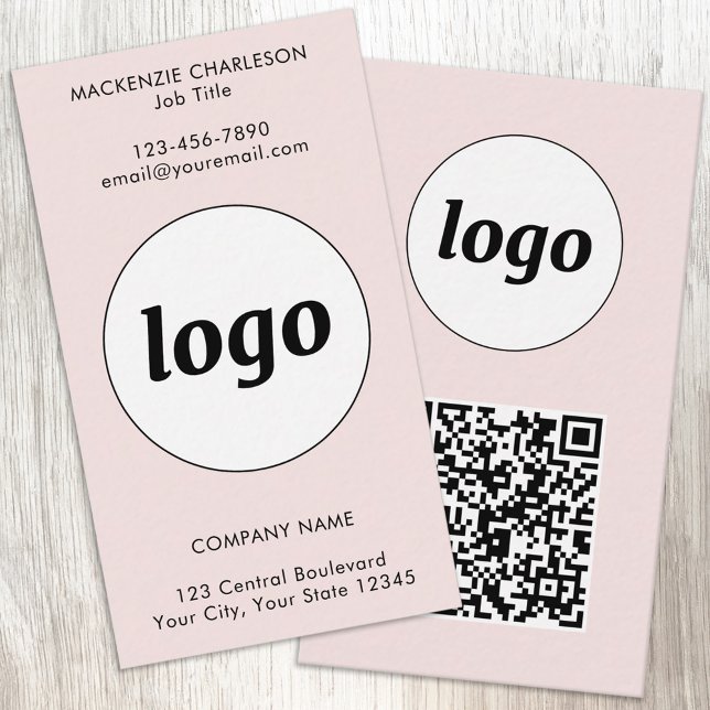 Carte De Visite Code QR Simple Texte Vertical Rose Blush (Simple logo with custom text and QR code business branding promotional vertical pink business cards)