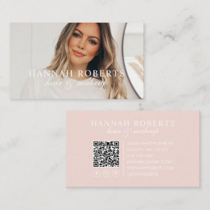 Carte De Visite Code QR social rose poudré écriture photo coiffure