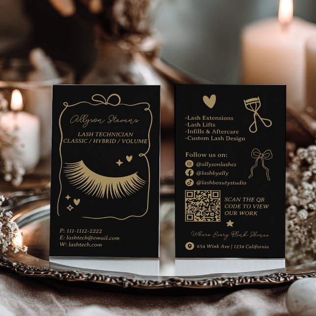 Carte De Visite Code QR Tech Lash Doodles noir or rétro (Retro gold black Doodles Lash Tech QR Code Business Card)