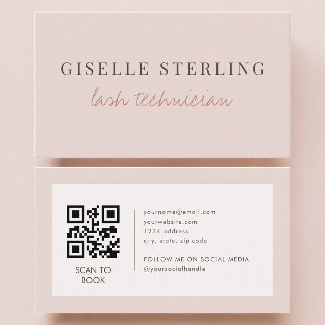 Carte De Visite Code QR Technicien de Cils Rose Pâle Blush  (Créateur téléchargé)