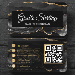 Carte De Visite Code QR Technicien Ongles Luxe Noir Or