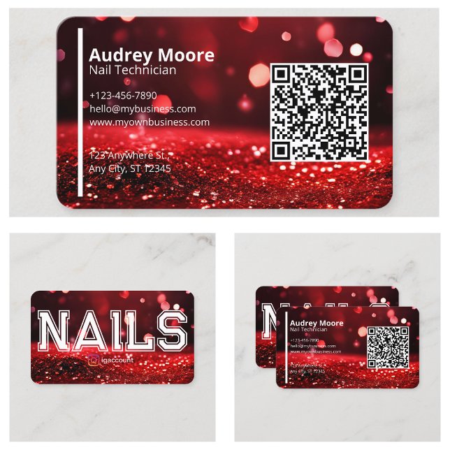 Carte De Visite Code QR Technicienne de Manucure Professionnelle P (QR Code Modern Red Glitter Professional Nail Tech Business Card
)