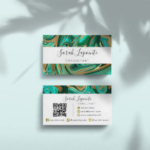 Carte De Visite Code QR tendance Green & Gold Liquid Marble