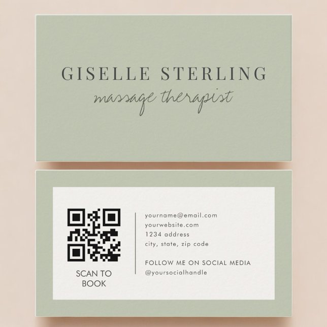 Carte De Visite Code QR Thérapeute de Massage Vert Sauge (Créateur téléchargé)