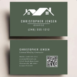Carte De Visite Code QR Toiture Entreprise de Toiture Vert Foncé