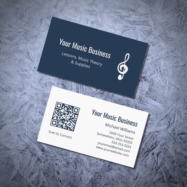 Carte De Visite Code QR Treble Clef Navy Blue Music Lessons (Créateur téléchargé)