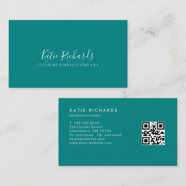 Carte De Visite Code QR Turquoise minimal (Devant / Derrière)