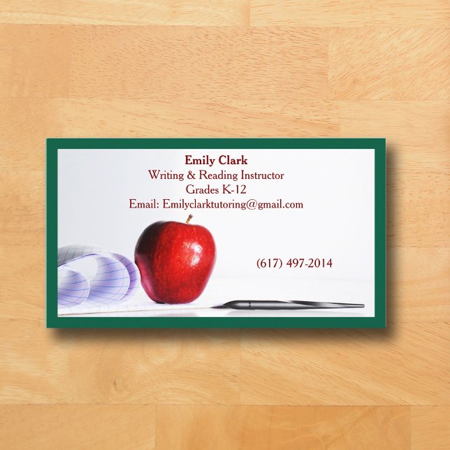 Carte De Visite Code QR vert Enseignant d'école Pomme rouge   (Green Business Card for Teacher )