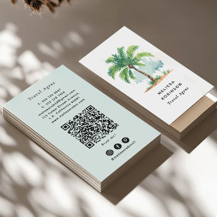 Carte De Visite Code QR Vert Palmier de Plage Aquarelle Tropicale
