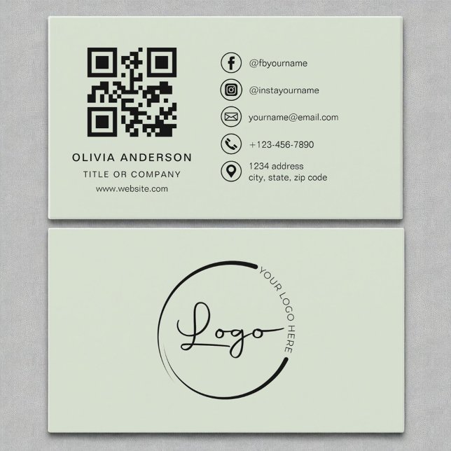 Carte De Visite Code QR Vert Sage moderne professionnel (Créateur téléchargé)