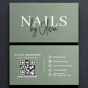 Carte De Visite Code QR Vert Sauge Spécialiste Ongles Métallisé