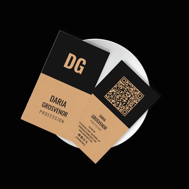 Carte De Visite Code QR vertical minimaliste Kraft et noir moderne (Créateur téléchargé)