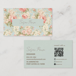 Carte De Visite Code QR Vintage Boho Chic Fleurs Rose Vert Sauge 