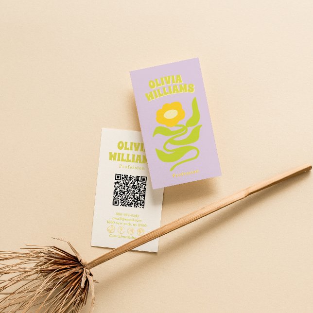 Carte De Visite Code QR Violet Vert Rétro Fleur Groovy Branché (Créateur téléchargé)