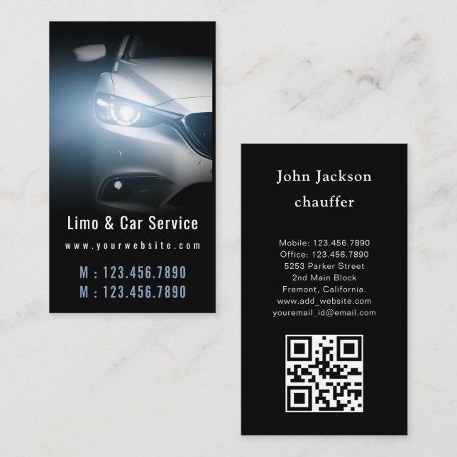 Carte De Visite Code QR voiture de transport de luxe bleu et noir (Devant / Derrière)