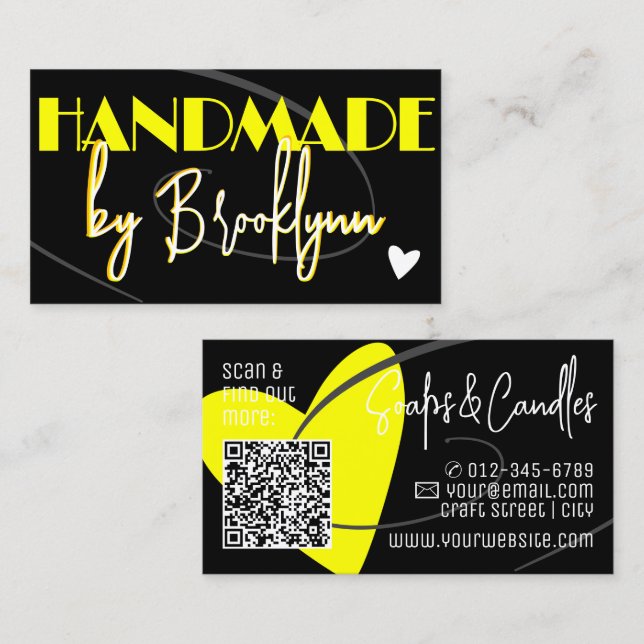 Carte De Visite Coeur artisanal Jaune élégant avec code QR (Devant / Derrière)