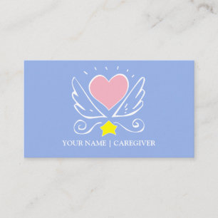 Carte De Visite Coeur rose avec ailes Aiguille sur bleu