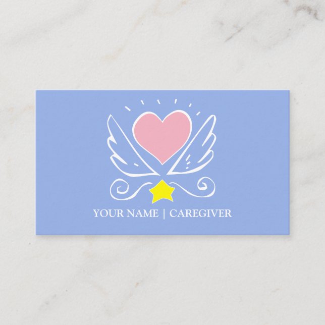 Carte De Visite Coeur rose avec ailes Aiguille sur bleu (Devant)