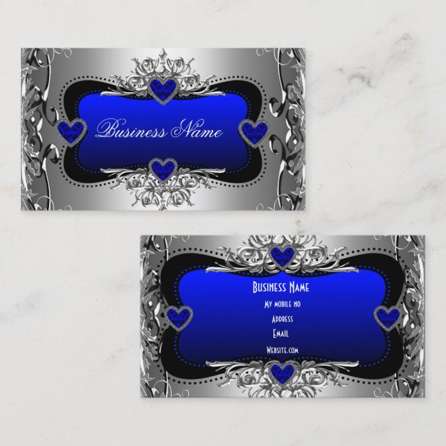 Carte De Visite Coeurs d'image Diamond Argent Bleu élégant (Devant / Derrière)