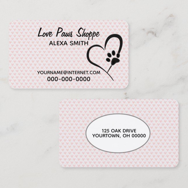 Carte De Visite Coeurs Empreintes de pattes et roses (Devant / Derrière)