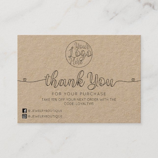 Carte De Visite Coeurs manuscrits Kraft simples Merci client (Devant)