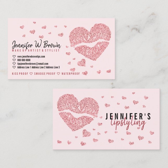 Carte De Visite Coeurs roses lèvres Rose Gold Gloss Lipstick (Devant / Derrière)