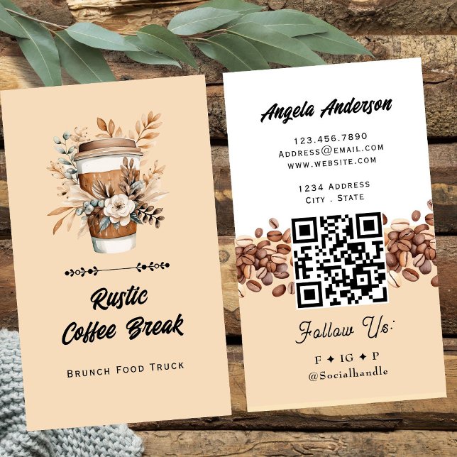 Carte De Visite Coffee Latte Trendy QR Code and Website (Créateur téléchargé)