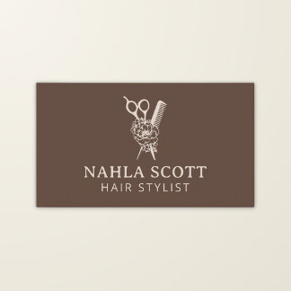 Carte De Visite Coiffeur Ciseaux Floraux Luxe Boho Marron