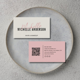 Carte De Visite Coiffeur Code QR Moderne Neutre et Rose