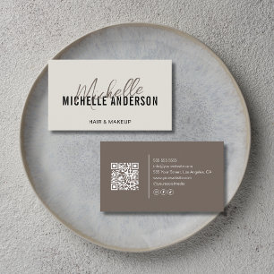 Carte De Visite Coiffeur Code QR Moderne Neutre et Taupe