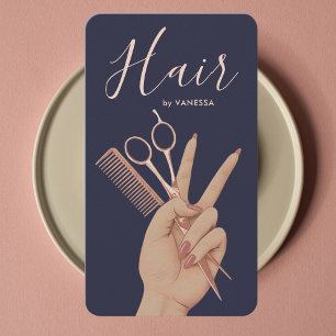 Carte De Visite Coiffeur de Luxe Coiffeuse Navy et Rose Gold