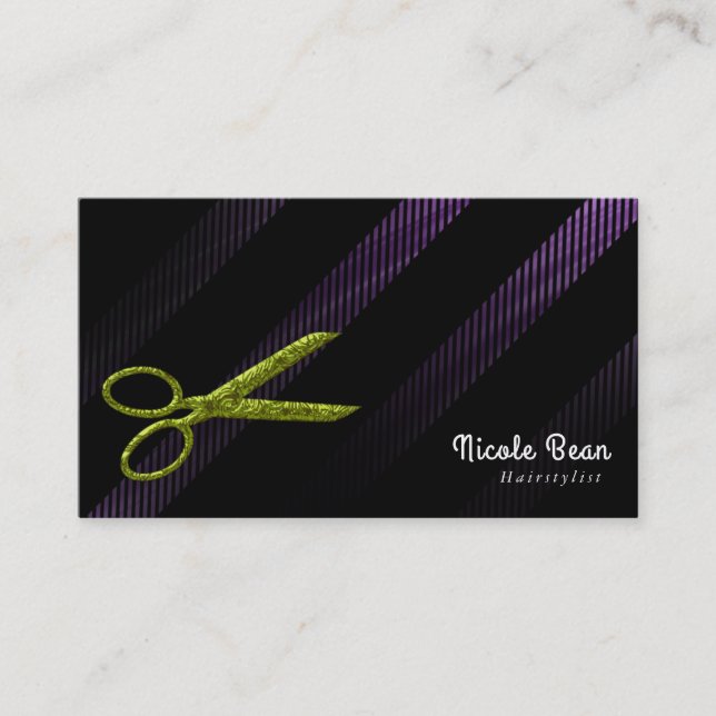 Carte De Visite Coiffeur Dresseur de cheveux Violet & Ciseaux vert (Devant)