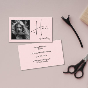 Carte De Visite Coiffeur écriture noir photo rose poudrée 