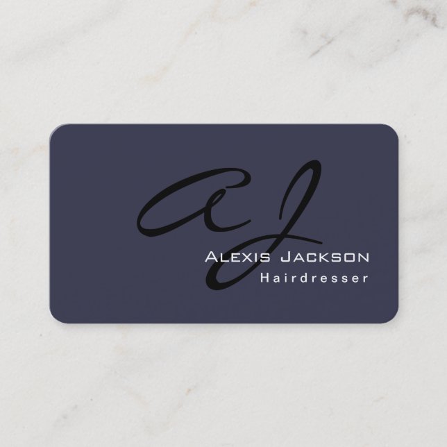 Carte De Visite Coiffeur en bleu gris foncé Monogramme élégant et  (Devant)