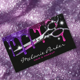 Carte De Visite Coiffeur Glamour Rose Violet Paillettes Dégoulinan