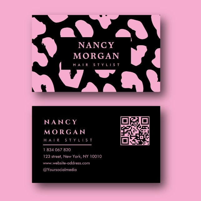 Carte De Visite Coiffeur Imprimé Léopard Rose Code Qr  (Créateur téléchargé)