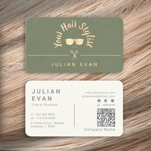 Carte De Visite Coiffeur Moderne Chic Tendance Vert Sauge Doré (Modern Chic Trendy Sage Green Gold Hair Stylist Business Card )