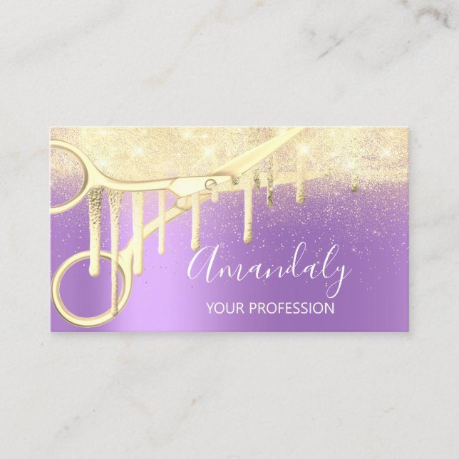 Carte De Visite Coiffeur moderne Ciseaux Coiffeur Purple Gold (Devant)